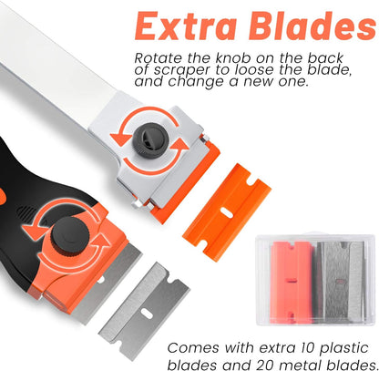 DEKEones Razor Blade Scraper, Long Handled Scraper Tool with 10 Extra Replacement Blades, Razor Scraper Remover for Cleaning Sticker, Paint, Caulk from Window, Car, Glass, Windshield, Stove