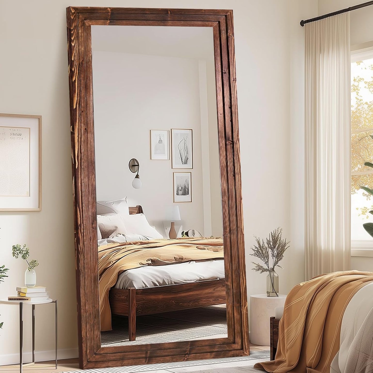 65"x22" Full Length Mirror Solid Wood Frame Floor Mirror with Stand for Living Room, Bedroom Hanging Standing or Leaning, Brown