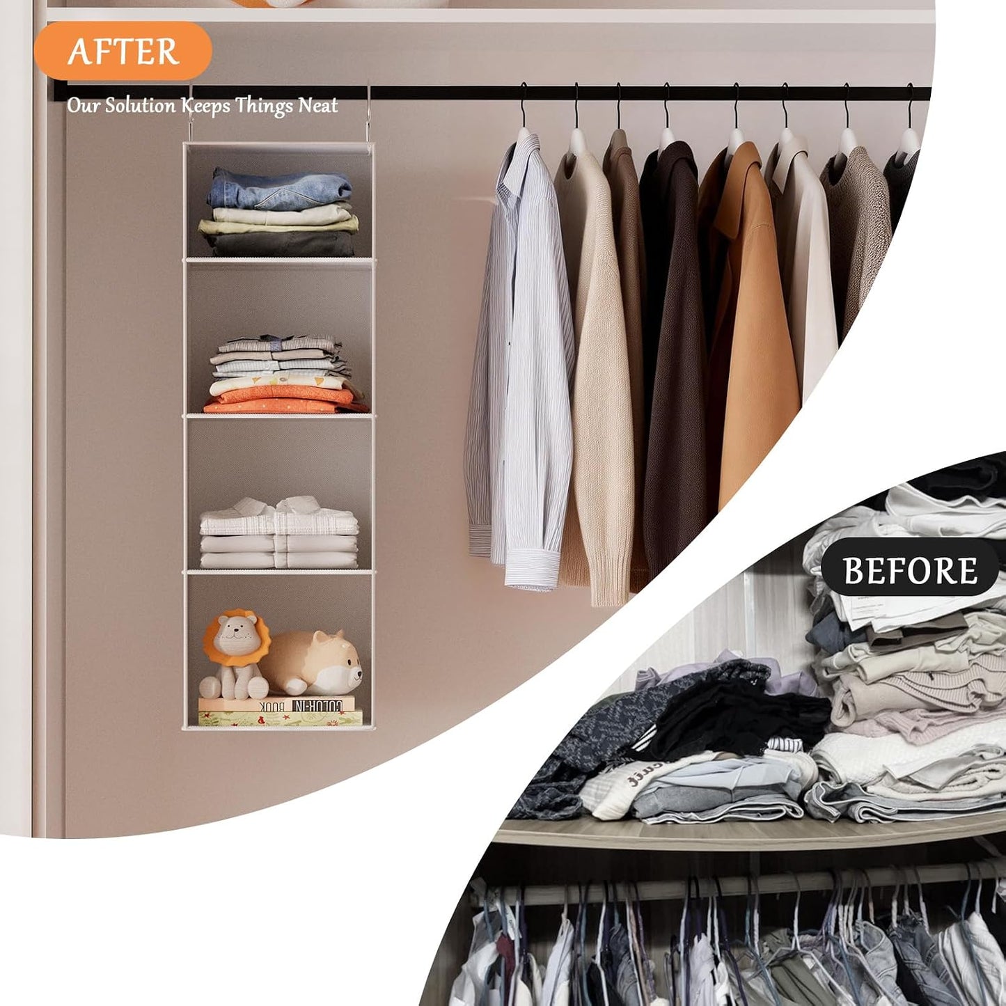 Hanging Shoe Organizer for Closet with 8 Shelves,Mesh Pockets-Wider Hanging Shelves for Shoes,Clothes,Hats with Sturdy Bamboo-Supported Design (Beige)