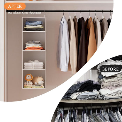 Hanging Shoe Organizer for Closet with 8 Shelves,Mesh Pockets-Wider Hanging Shelves for Shoes,Clothes,Hats with Sturdy Bamboo-Supported Design (Beige)