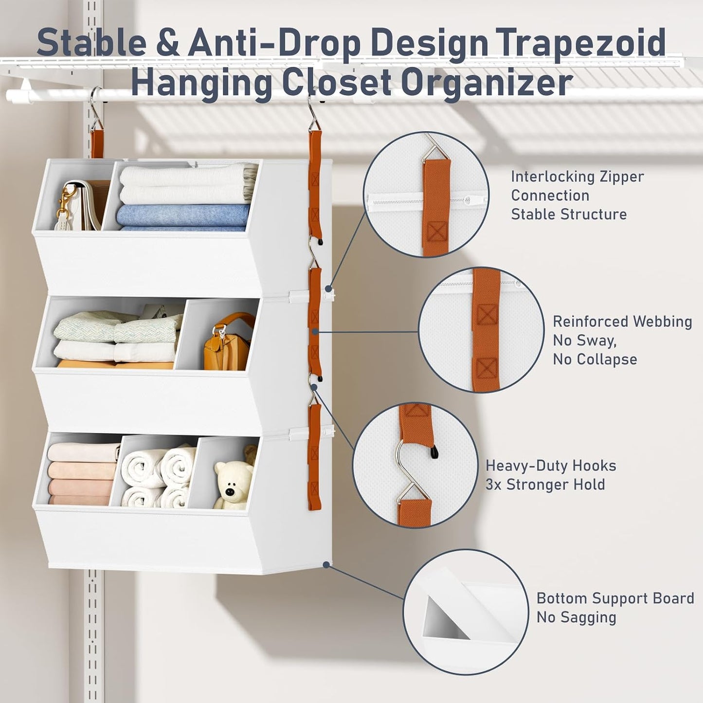 Hanging Closet Organizer Extra Large, Clothes Hanging Shelves for Closet with Divider, Collapsible Closet Storage System, Fabric Closet Hanging Organizer for Home, Dorm, Rv, ,Handbags, Underwear, Sock
