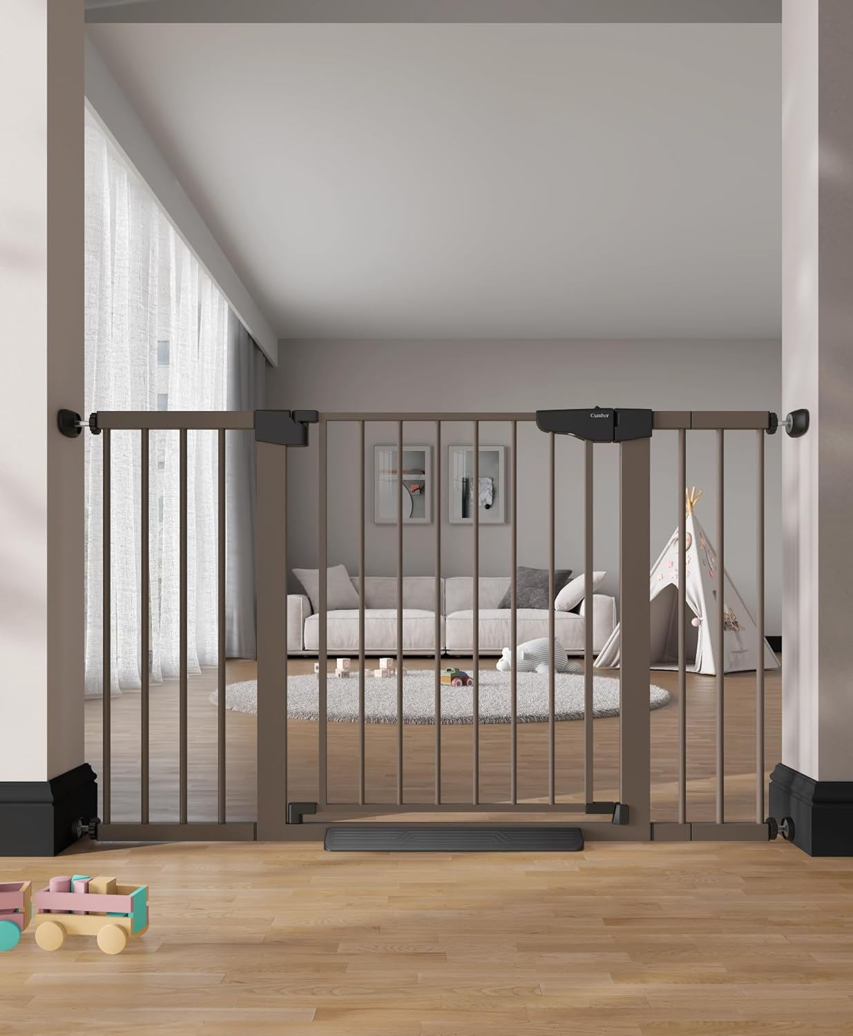 Cumbor 29.7-48" Baby Gate for Stairs, Mom's Choice Awards Winner-Dog Gate for Doorways, Auto Close Safety Pet Gate for Dogs Indoor, Easy Install Pressure Mounted Child Gate with Walk Thru Door, Brown