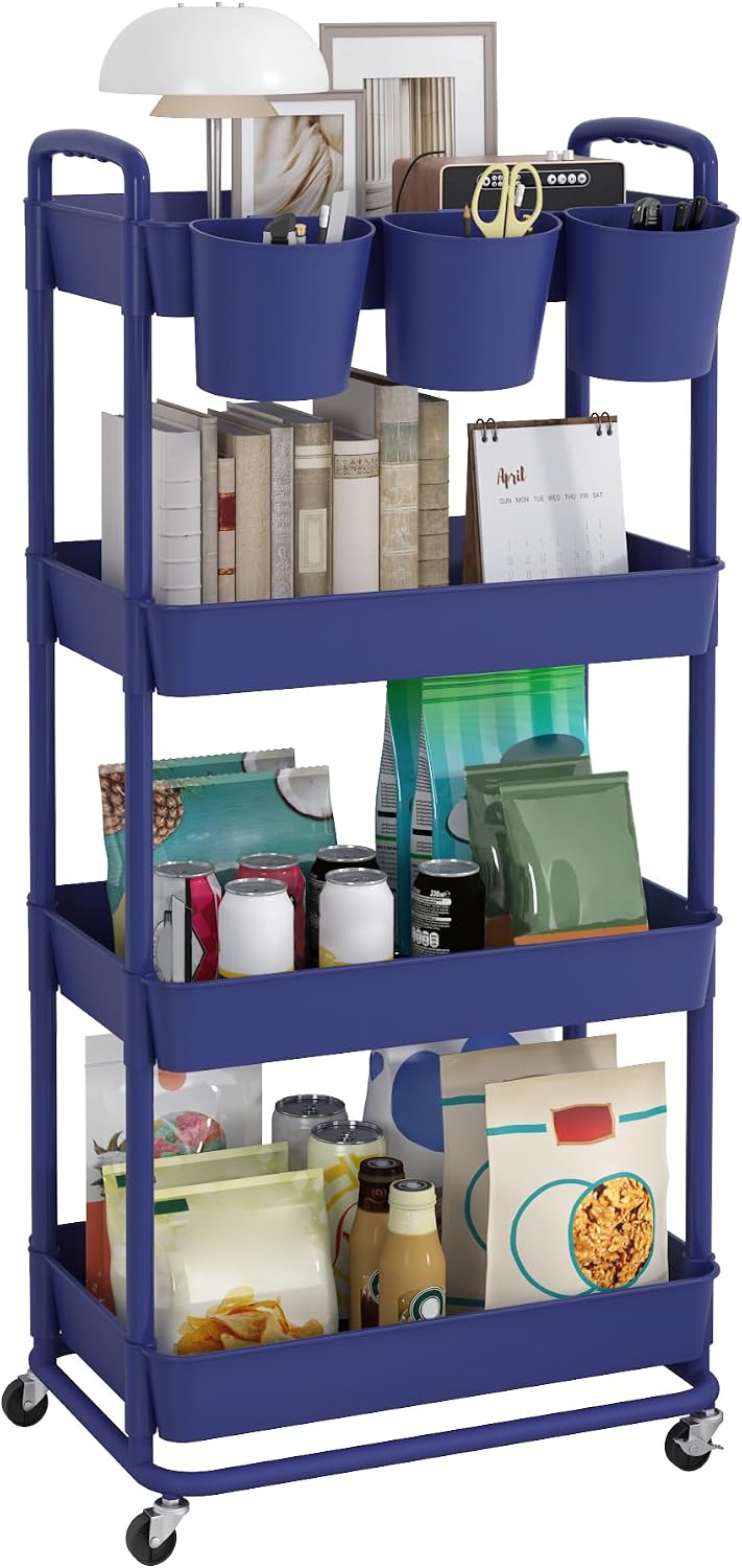 JIUYOTREE 4-Tier Plastic Rolling Storage Cart Utility Cart with Extra Hanging Cups Handles Lockable Wheels for Living Room Bathroom Kitchen Office White