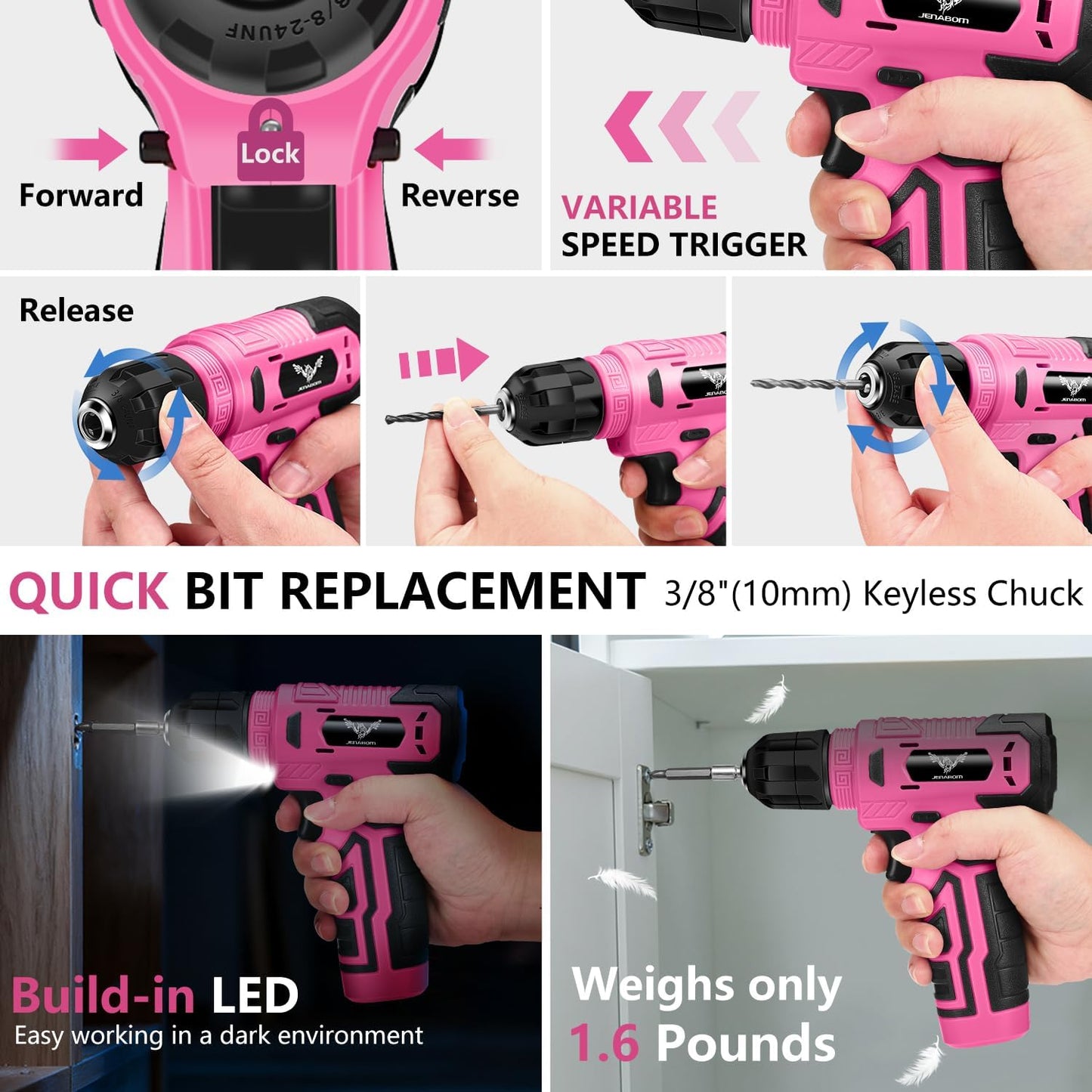 JENABOM Pink 3.6V USB Cordless Electric Screwdriver & Household Tool Kit | Power Screwdriver and Hand Tools in a Compact Box Case for Small Repair and Maintenance- Ideal Housewarming Gift, 112Pcs