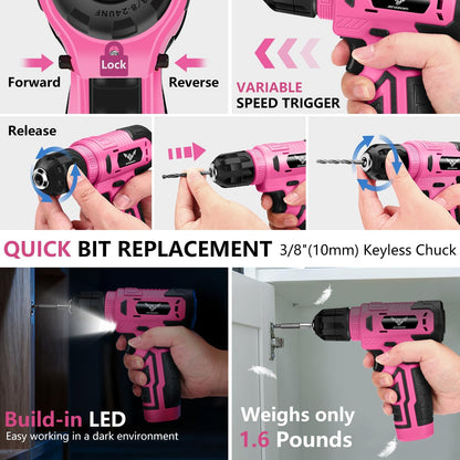 JENABOM Pink 3.6V USB Cordless Electric Screwdriver & Household Tool Kit | Power Screwdriver and Hand Tools in a Compact Box Case for Small Repair and Maintenance- Ideal Housewarming Gift, 112Pcs