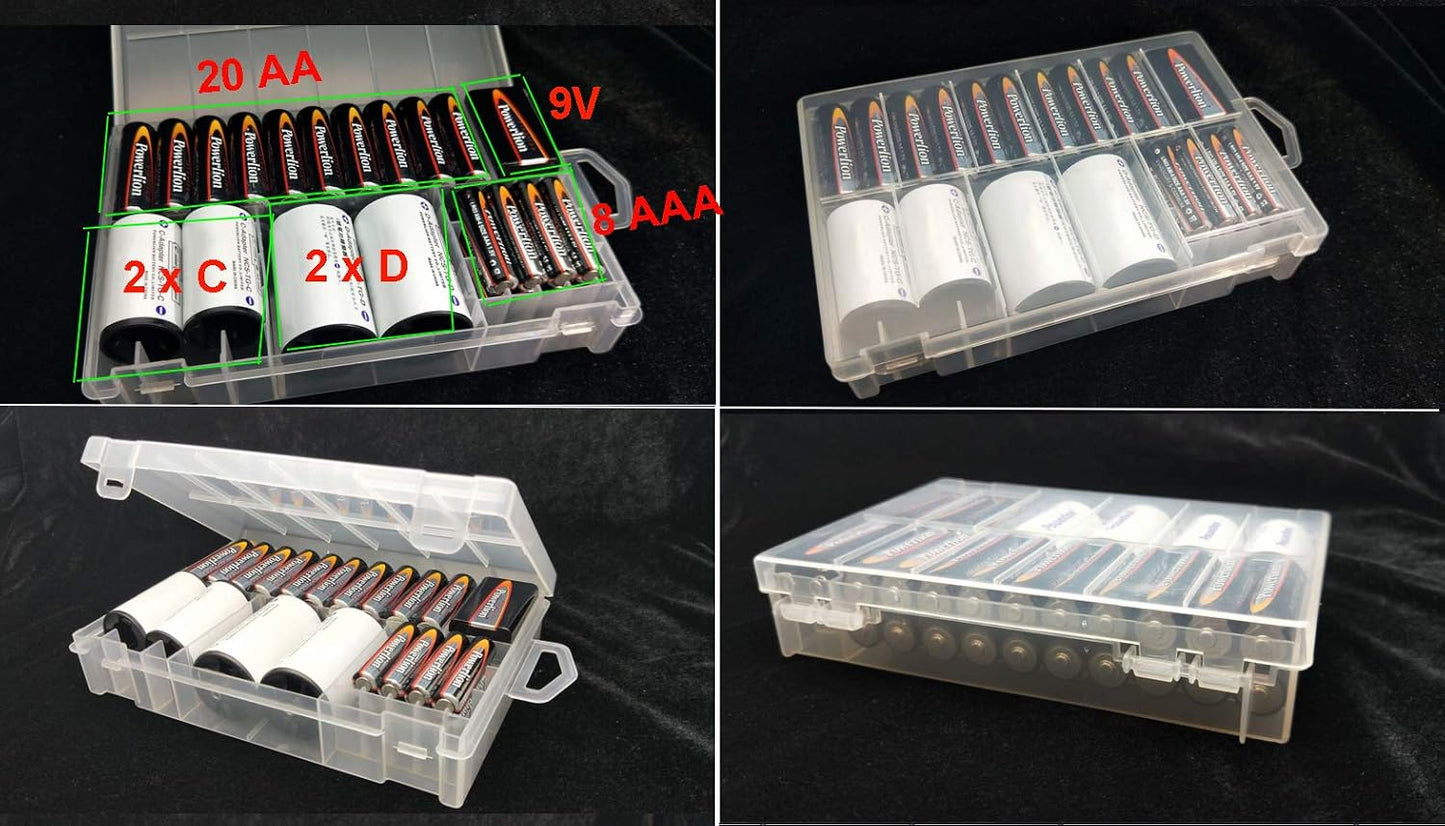 47 Batteries Organizer Storage Case Box Holder Clear Plastic Container Portable- Holds 16 AAA+20 AA+ 2 9V+5 C+4 D Various Sizes and Tester