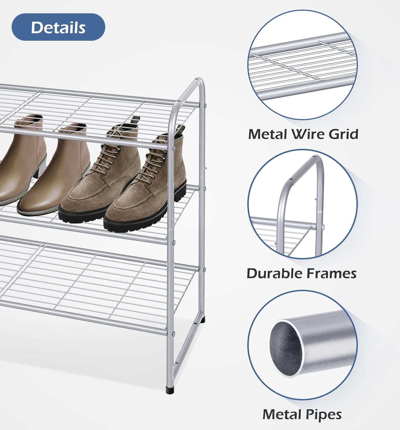 KEETDY 3-Tier Long Shoe Rack for Closet Metal Shoe Organizer for Entryway, Wide Stackable Shoe Storage Shelf with Sturdy Wire Grid for Closet Floor, Bedroom, Black