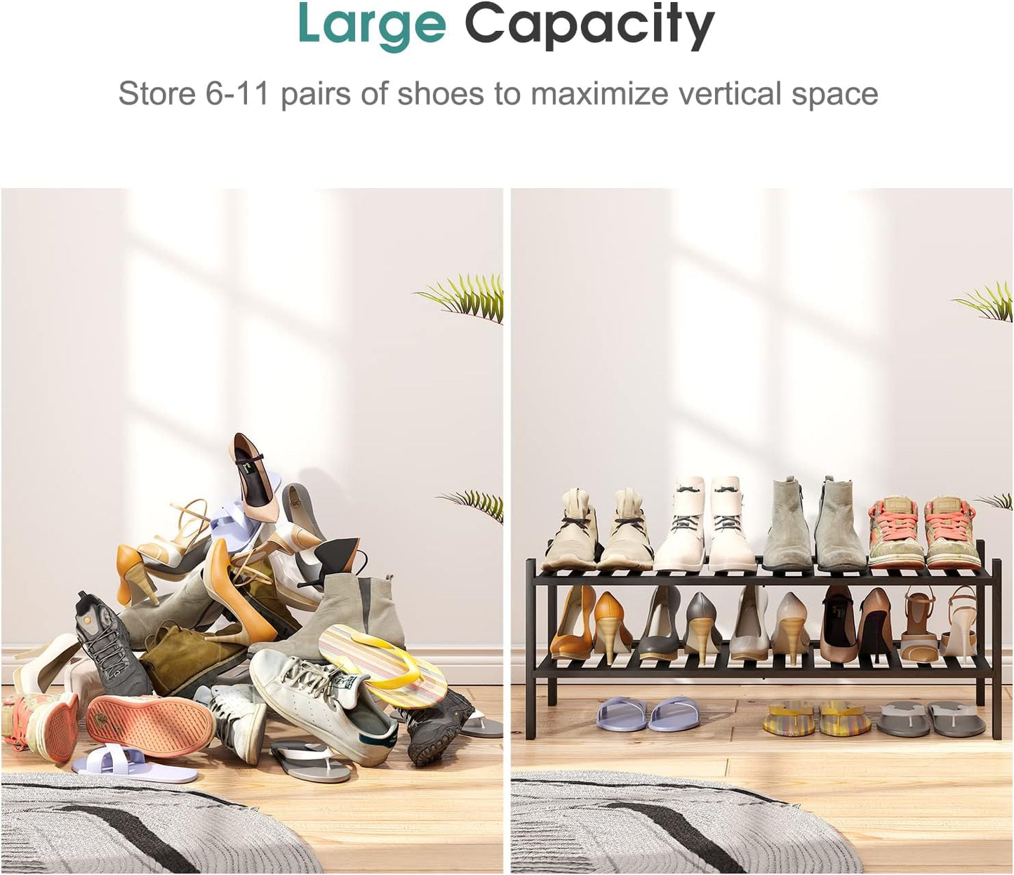 viewcare 3-Tier Black Bamboo Shoe Rack for Entryway, Stackable | Foldable | Natural, Shoe Shelf Storage Organizer for Hallway Closet, Free Standing Shoe Racks for Indoor Outdoor