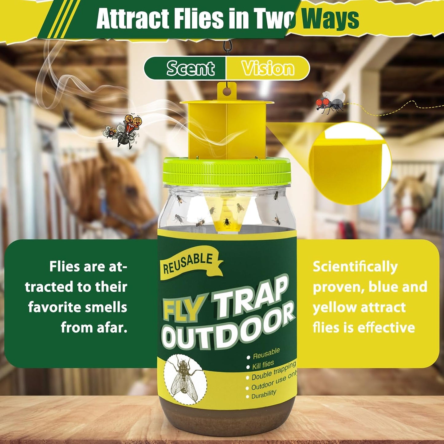Reusable Fly Traps Outdoor Bottles, 3 Pack Fly Killer Catcher Jar with 6 Natural Magnet Bait Refills Lure, Flies Bug Insect Trap Control Outdoor Hanging for Outside Barns, Stable, Patio