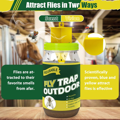 Reusable Fly Traps Outdoor Bottles, 3 Pack Fly Killer Catcher Jar with 6 Natural Magnet Bait Refills Lure, Flies Bug Insect Trap Control Outdoor Hanging for Outside Barns, Stable, Patio