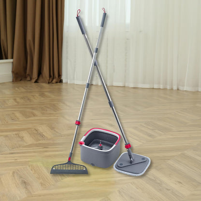 TRUE & TIDY Square Spin Mop & Bucket System – Dual Chamber for Clean & Dirty Water, 360° Rotating Self-Wringing Mop with Built-in Scrub Brush, Stainless Steel Handle & 2 Reusable Microfiber Mop Pads
