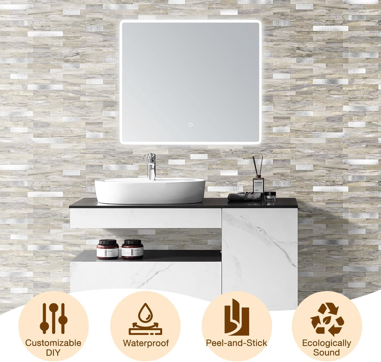 Peel and Stick Backsplash Tile Waterproof Removable PVC Wall Sticker 3D Faux Stone Marble Brick White Accent Panels (White Marble - Metal Silver, 20 Tiles - 9 sq. ft. (0.84 M²))