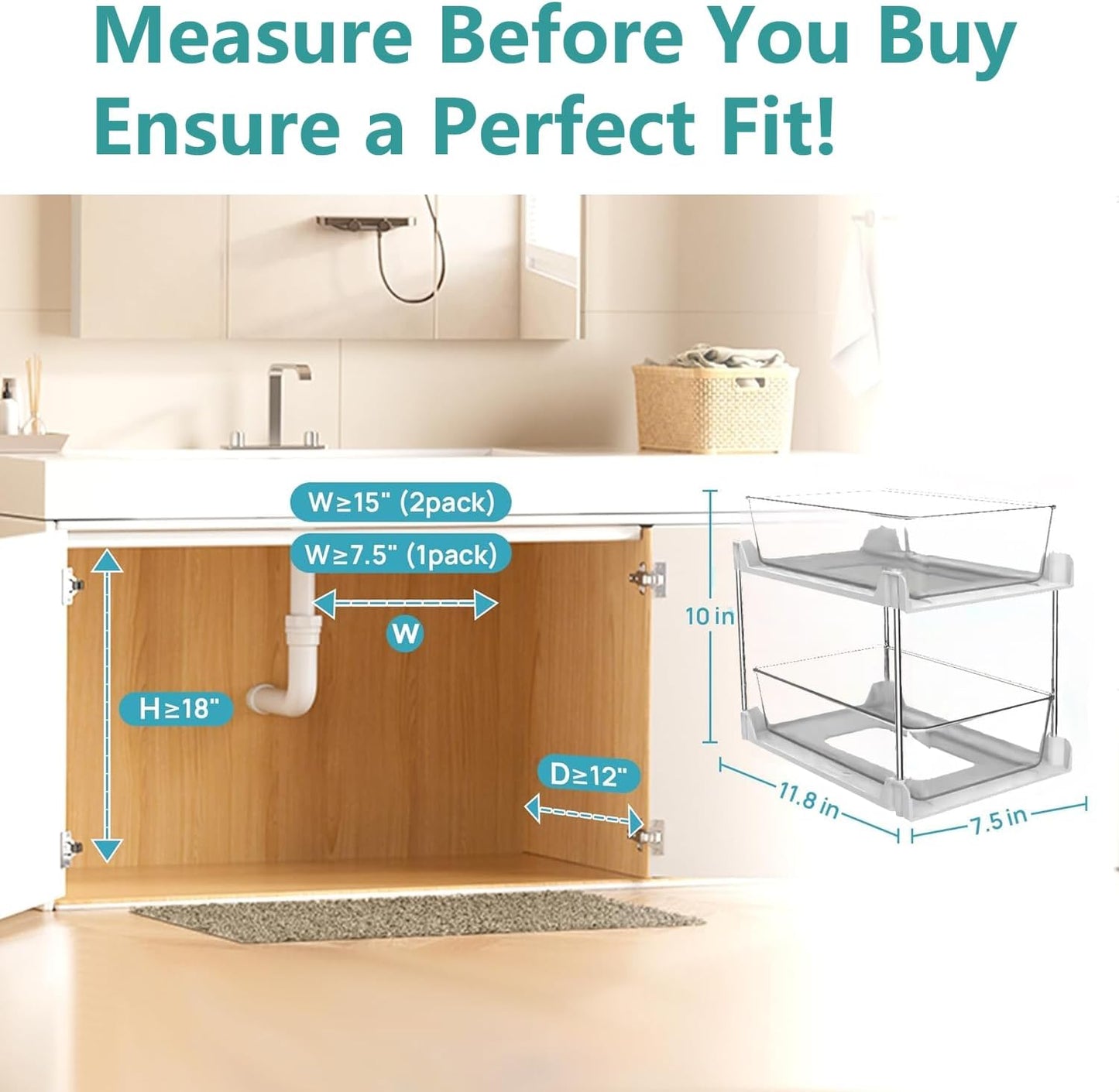 2 Pack Bathroom Organizer,2 Tier Blue Under Sink Organizers Vanity Countertop Storage Container,Cabinet Drawers Bins, Pull-Out Organization with Track for Pantry, Kitchen