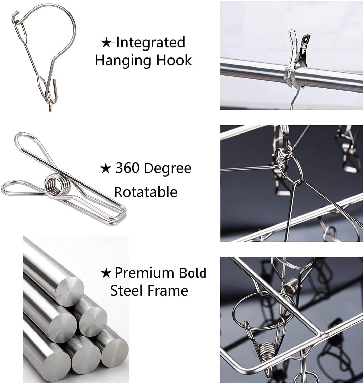 Stainless Steel Sock Drying Rack with 36 Clips, Swivel Hook Wind-Proof Clothes Hanger Rack for Sock, Bras, Underwear, Laundry Accessories