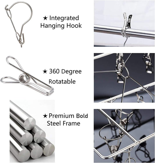 Stainless Steel Sock Drying Rack with 36 Clips, Swivel Hook Wind-Proof Clothes Hanger Rack for Sock, Bras, Underwear, Laundry Accessories