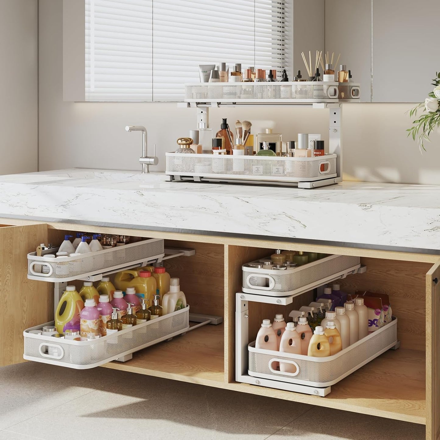 2 Pack Under Sink Organizer With Smooth Cylindrical Rail,2-Tier Pull Out Multi-Purpose Cabinet Storage for Bathroom&Kitchen,Height Adjustable,Rust-resistant Coating-White