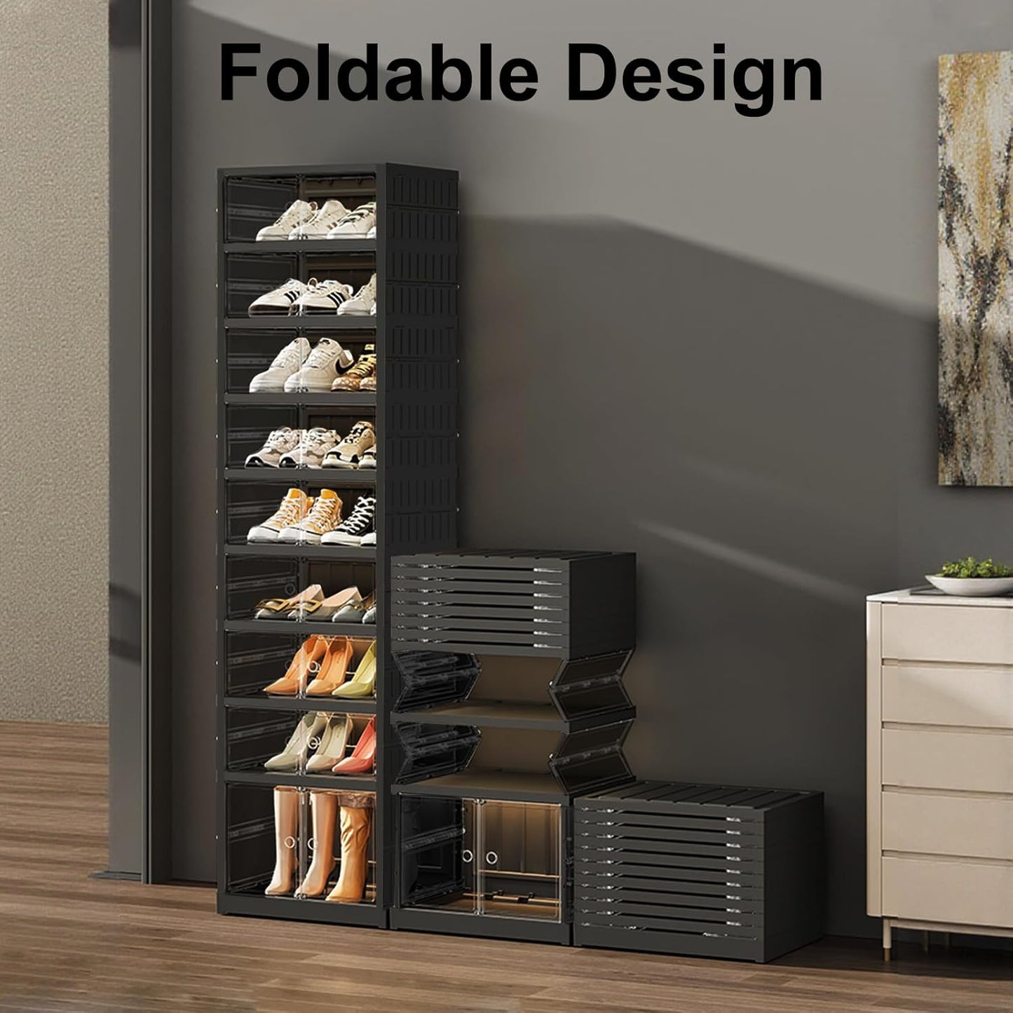 SYNCVIBE Shoe Rack Organizer for Closet Entryway Foldable Sneaker Storage Shoe, Collapsible Shoe Cabinet, Stackable Shoe Storage Cabinet with Lids for Living Room (6 Tiers 24 Pairs)