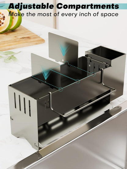 Kitchen Sink Caddy Organizer, Sponge Holder for Kitchen Sink with Upgraded Extra-Wide Drain Board, Efficient Drainage, Stainless Steel with Rust-Resistant Coating