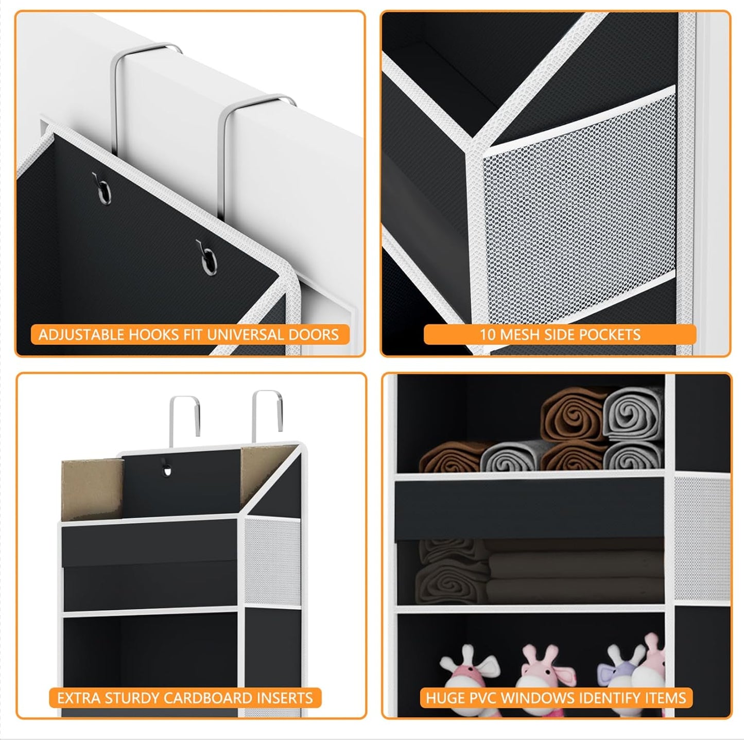 Over The Door Organizer - Over Door Storage Organizer with 5 Large Pockets & 10 Mesh Side Compartments - Heavy-Duty Hanging Storage for Bathroom, Bedroom & Closet - Baby Room Organize - Grey