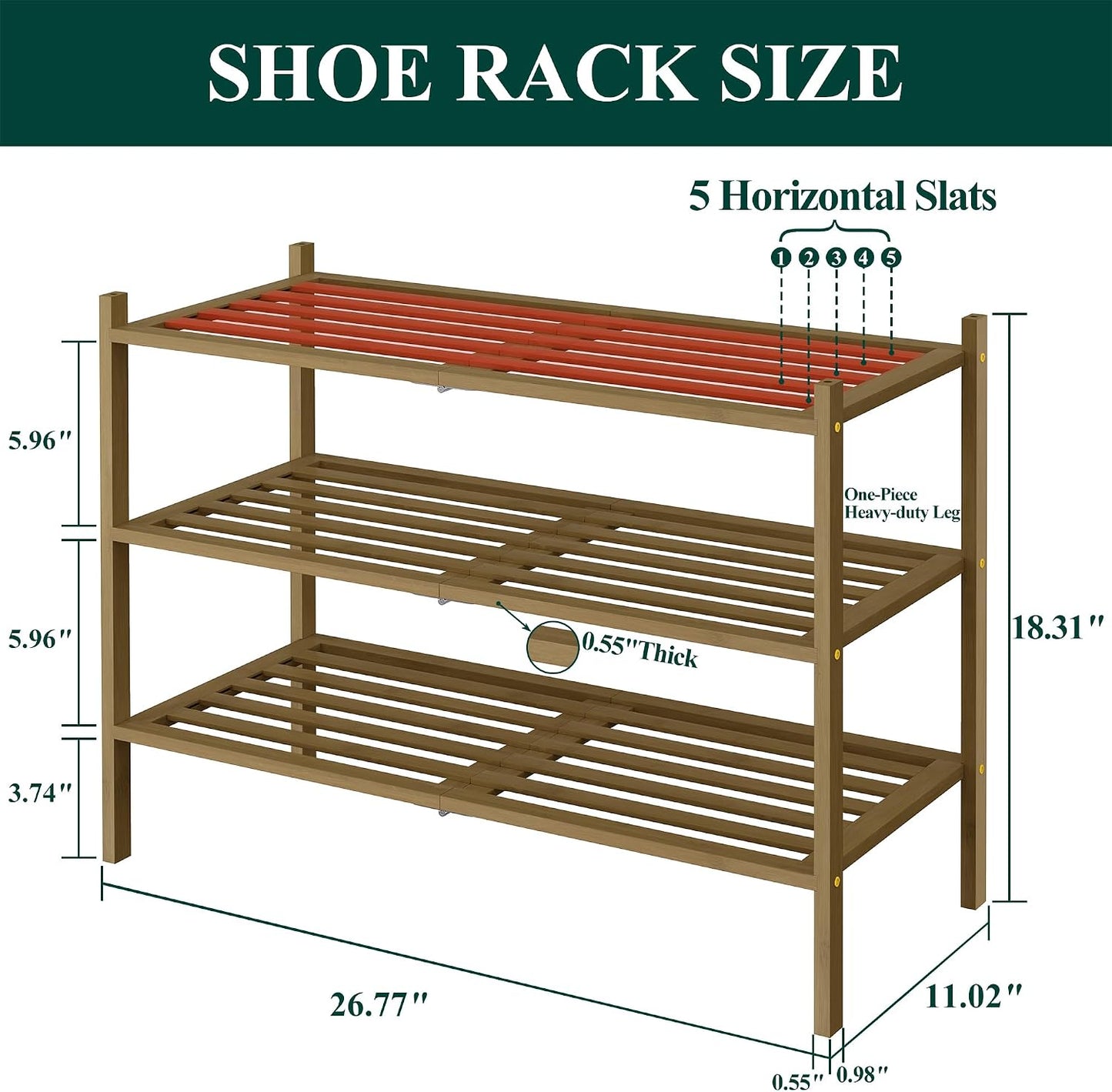 Smiry Bamboo Shoe Rack, 3 Tier Free Standing Wooden Shoe Organizer, Stackable Wood Shoe Storage Shelf for Closet, Entryway, 5 Horizontal Slats, 26.8"x11"x18.3", Natural