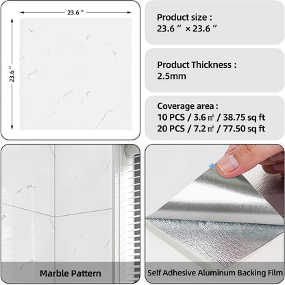 WADILE 10pcs Peel and Stick Shower Waterproof Marble Tiles Wall Panels, 11.8"x11.8" Self-Adhesive Backsplash, for Home Bathroom, Kitchen, Living Room White (Not Real Tile)
