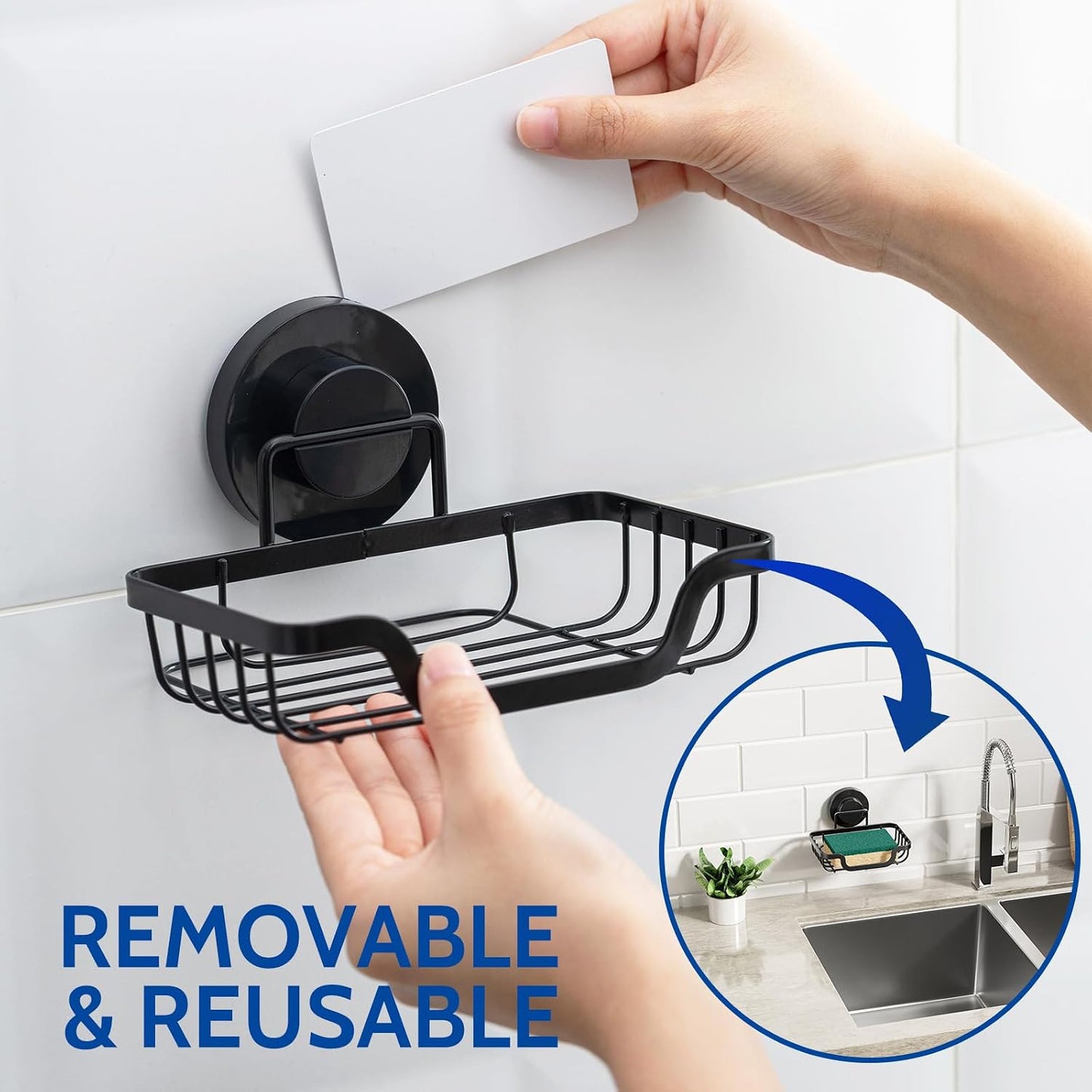 Soap Dish, Soap Bar Holder for Shower Suction Cup with 4 Hooks Wall Mounted, Stainless Steel No-Drilling Removable Waterproof Sponge Holder for Bathroom Bathtub Kitchen Sink, Black