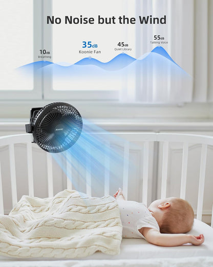 Koonie 8" Clip on Fan, 10000mAh Rechargeable Battery, Strong Airflow | 4 Speeds, Sturdy Clamp, Ideal Portable USB Desk Fan for Office, Golf Cart, Camping, Travel, Tent, Outdoor, Treadmill & Gym