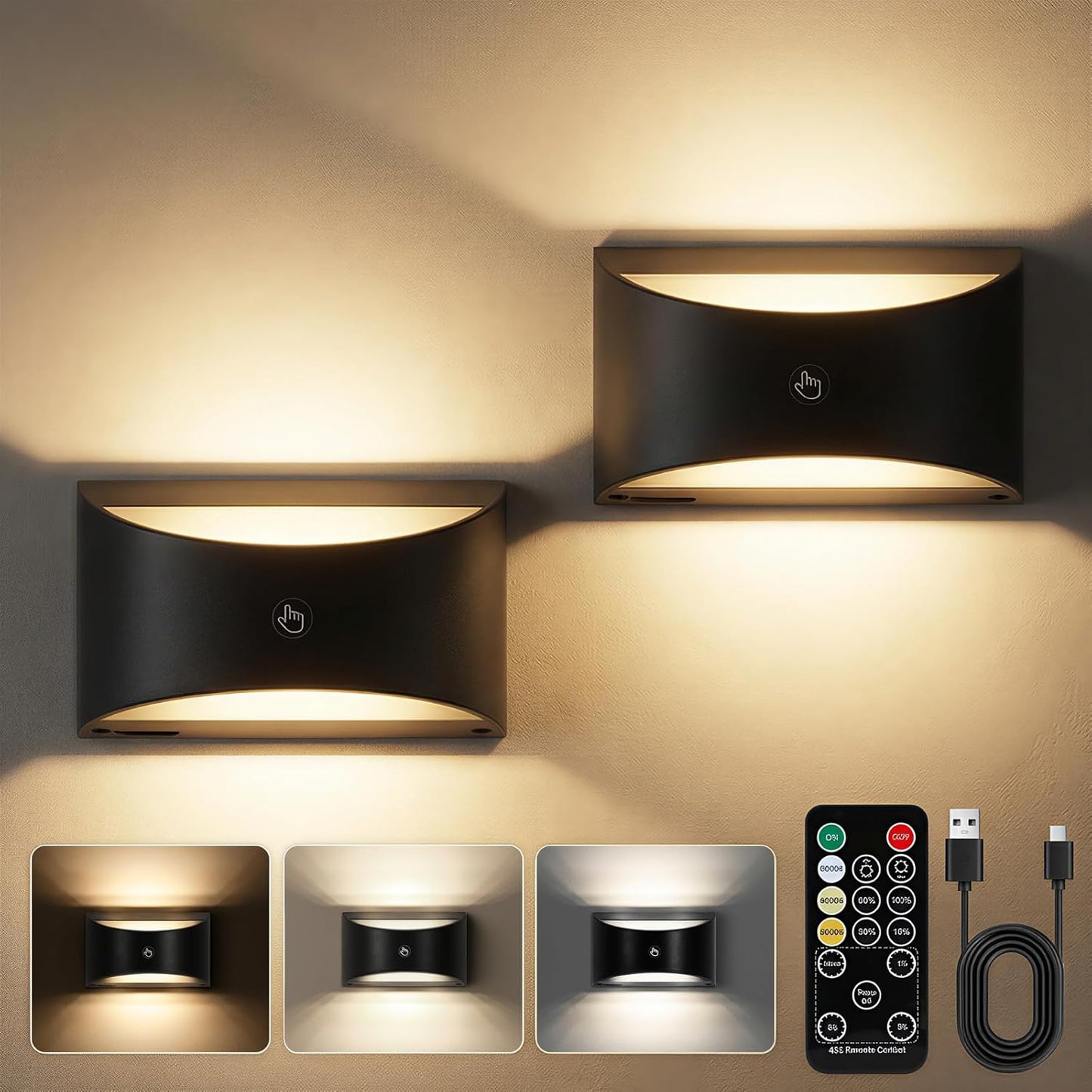 Battery Powered Wall Sconces Set of Two, Rechargeable Magnetic Wall Sconce with Remote Control, 3 Colors Wireless Up and Down Wall Mount Light for Bedroom Hallway Bedside Living Room(Black)