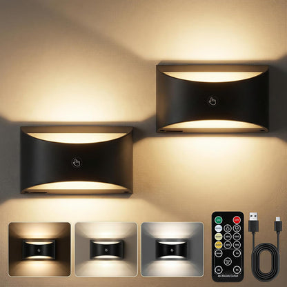Battery Powered Wall Sconces Set of Two, Rechargeable Magnetic Wall Sconce with Remote Control, 3 Colors Wireless Up and Down Wall Mount Light for Bedroom Hallway Bedside Living Room(Black)