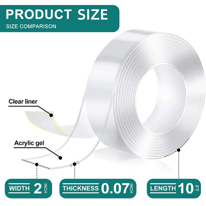 Nano Double Sided Tape Heavy Duty - 2 Inch x 10 Ft | Clear Removable Nano Tape, Acrylic Double Sided Tape, Multipurpose Mounting Adhesive Tape, Reusable Washable Sticky Tape