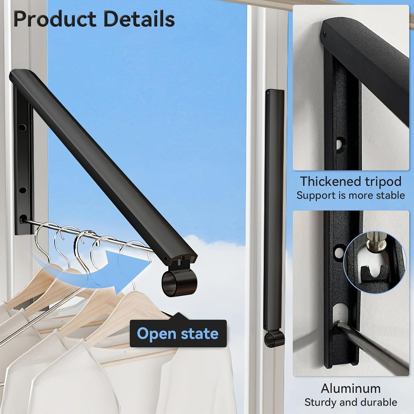 Drying Rack Wall Mount, Retractable Laundry Hanging Rack Wall Mount, Folding Wall Mounted Clothes Hanger for Laundry Room Organization and Storage, Aluminium Black Dryer Rack 1pcs