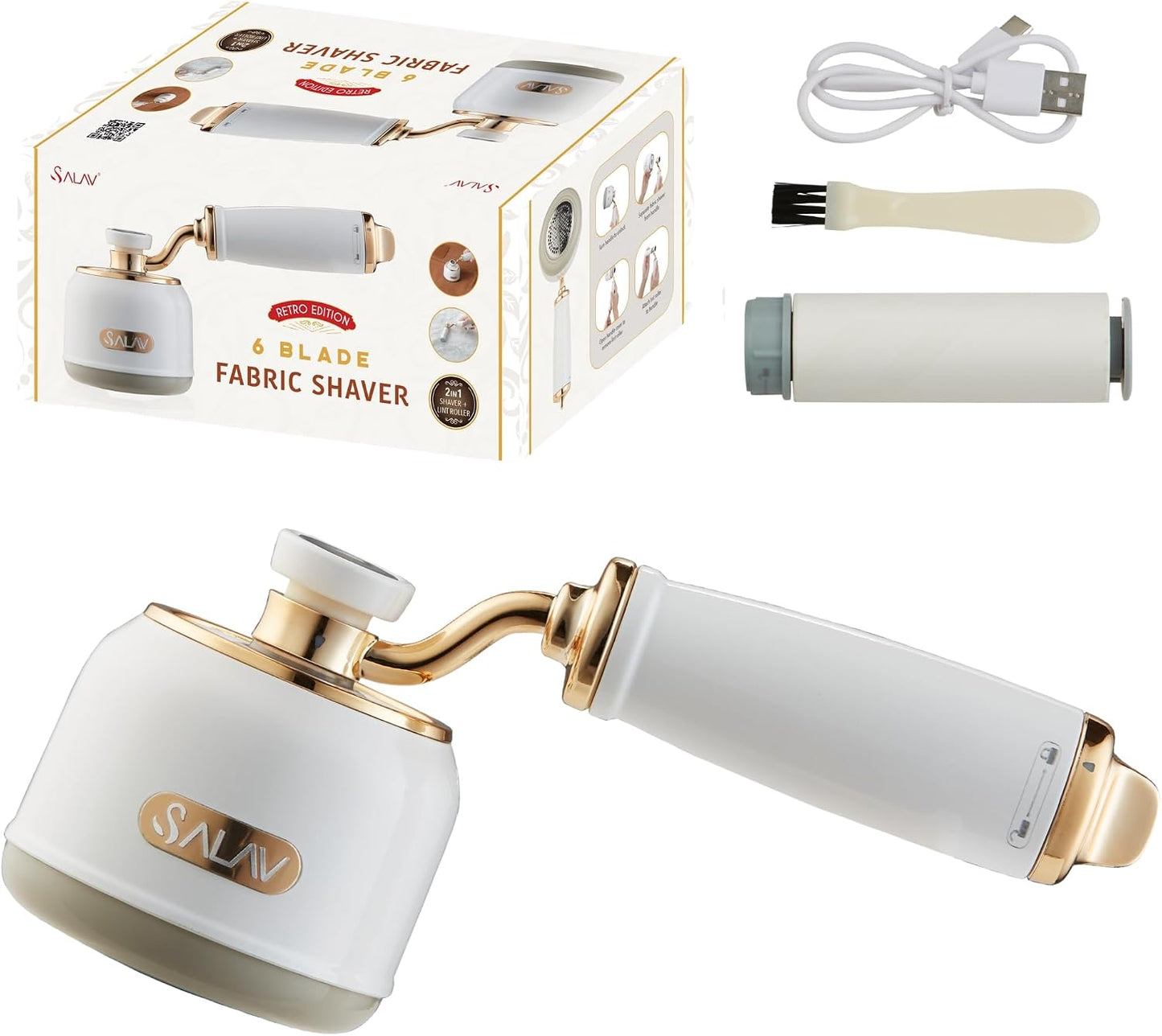 SALAV® Retro Edition 2-in-1 Rechargeable Fabric Shaver and Lint Roller, 6-Blade System, Removes Fuzz and Pilling on Fabrics, Includes Charging Cable (Rose)