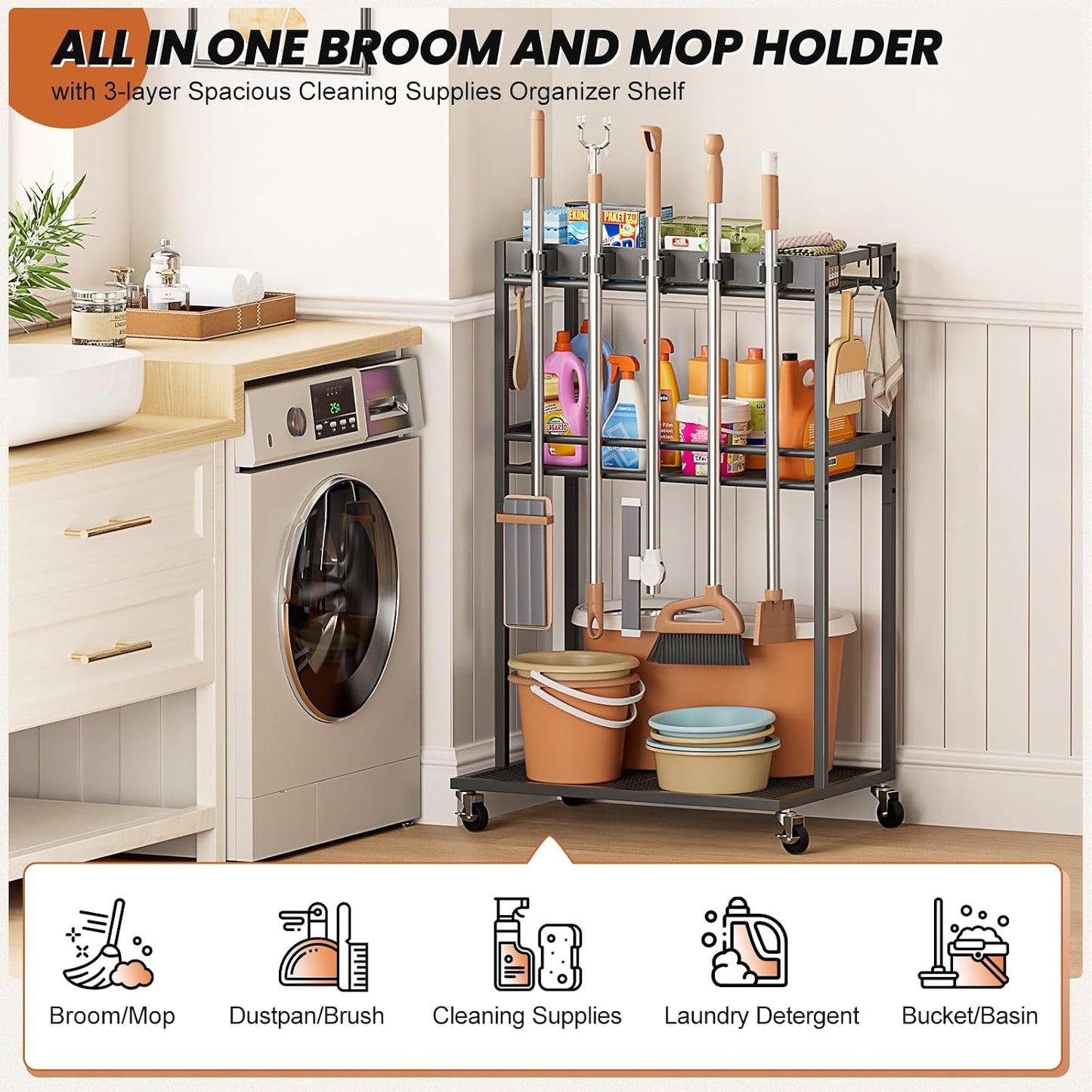 Olakee Taller Broom Holder with Cleaning Supplies Organizer, Broom Closet Storage Cabinet with Mop Hanger Gripper Rack Hooks, Housekeeping Janitorial Cart with Cleaning Caddy, Garage Home Improvement
