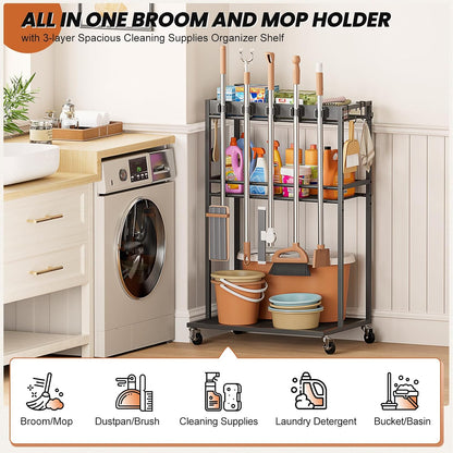 Olakee Taller Broom Holder with Cleaning Supplies Organizer, Broom Closet Storage Cabinet with Mop Hanger Gripper Rack Hooks, Housekeeping Janitorial Cart with Cleaning Caddy, Garage Home Improvement