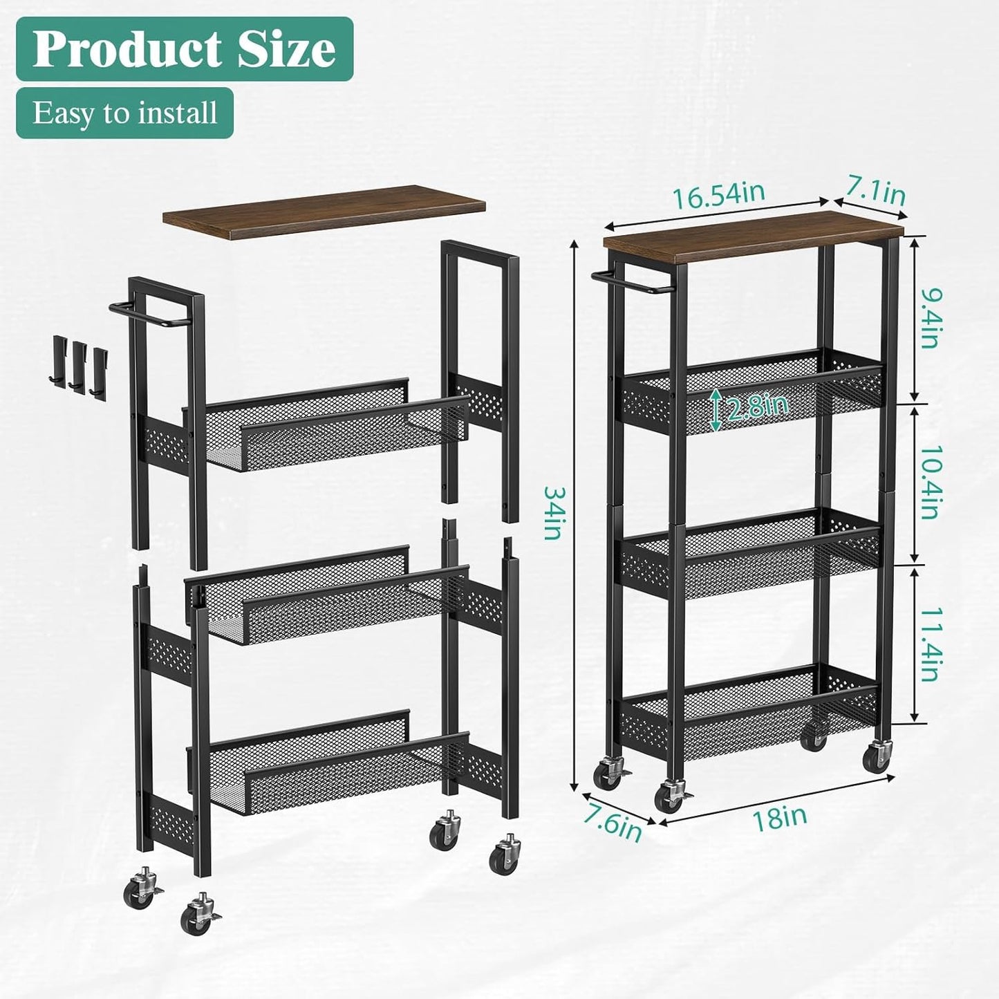 Giwil Slim Storage Cart 5 Tier Narrow Kitchen Rolling Cart on Wheels for Small Space, Metal Utility Cart Narrow Bathroom Storage Cabinet Mobile Shelf Unit Organizer with Wood Top and Handle, Black