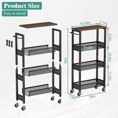 Giwil Slim Storage Cart 5 Tier Narrow Kitchen Rolling Cart on Wheels for Small Space, Metal Utility Cart Narrow Bathroom Storage Cabinet Mobile Shelf Unit Organizer with Wood Top and Handle, Black