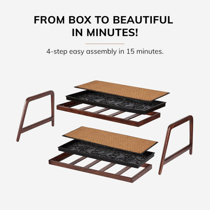 Anji Mountain Heavy Duty Waterproof Wooden Shoe Storage Mat Organizer/Boot Storage Tray Multi Use for Entryway with Coir, Gray and Ivory Insert, 1 Tier, Fits 2 Pair (26.5" Wide)