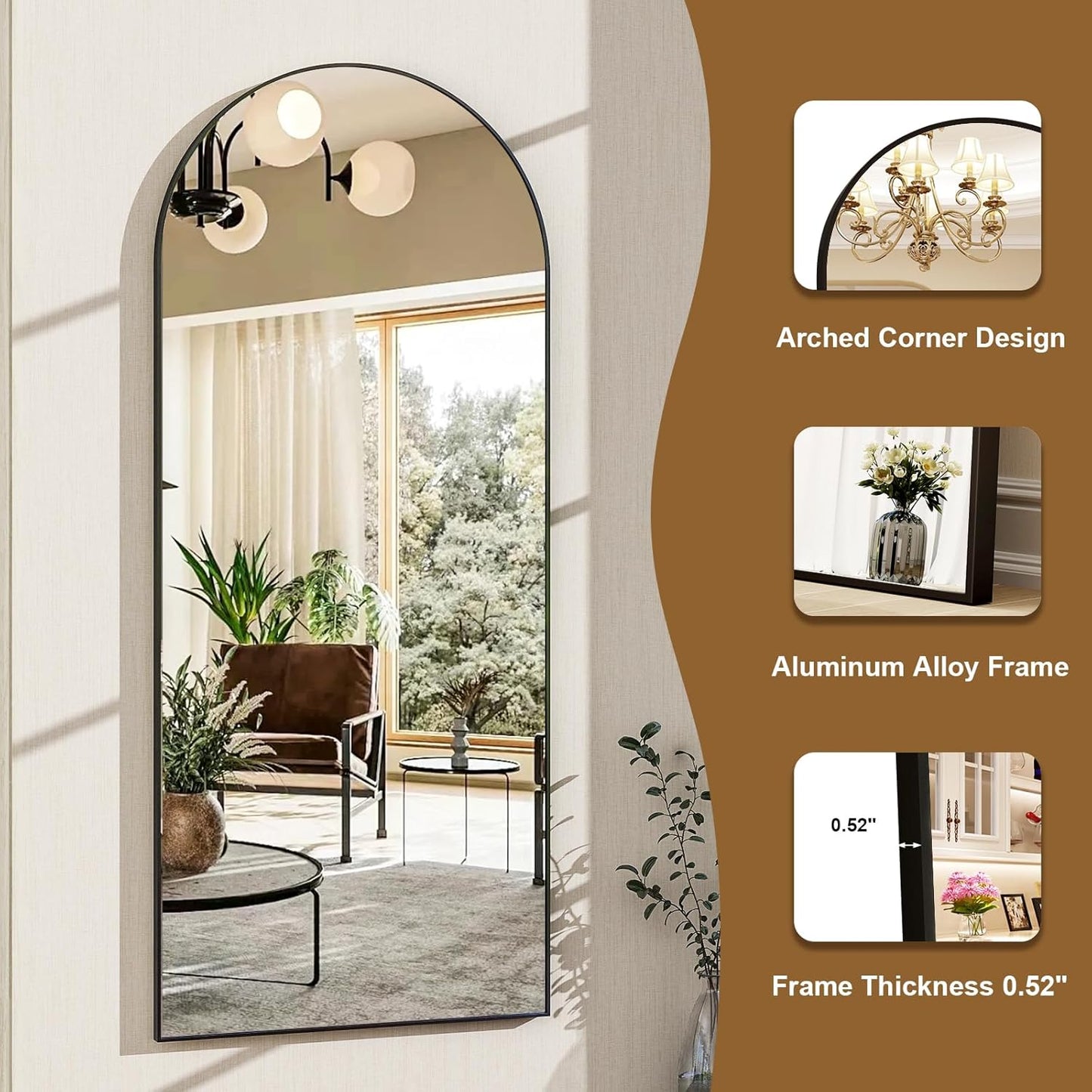 HARRITPURE 64"x21" Arched Full Length Mirror Free Standing Leaning Hanging Mounted Mirror Aluminum Frame Modern Simple Home Decor for Living Room Bedroom Cloakroom, Gold