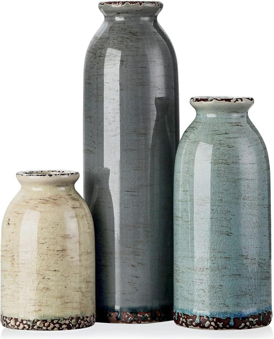 CWLWGO-Ceramic Flower Vase Set of 3, Pottery Decorative Vases for Modern Farmhouse, Living Room Kitchen Table Centerpieces, Idea Bookshelf Mantel and Entrance Decor - Multicolor