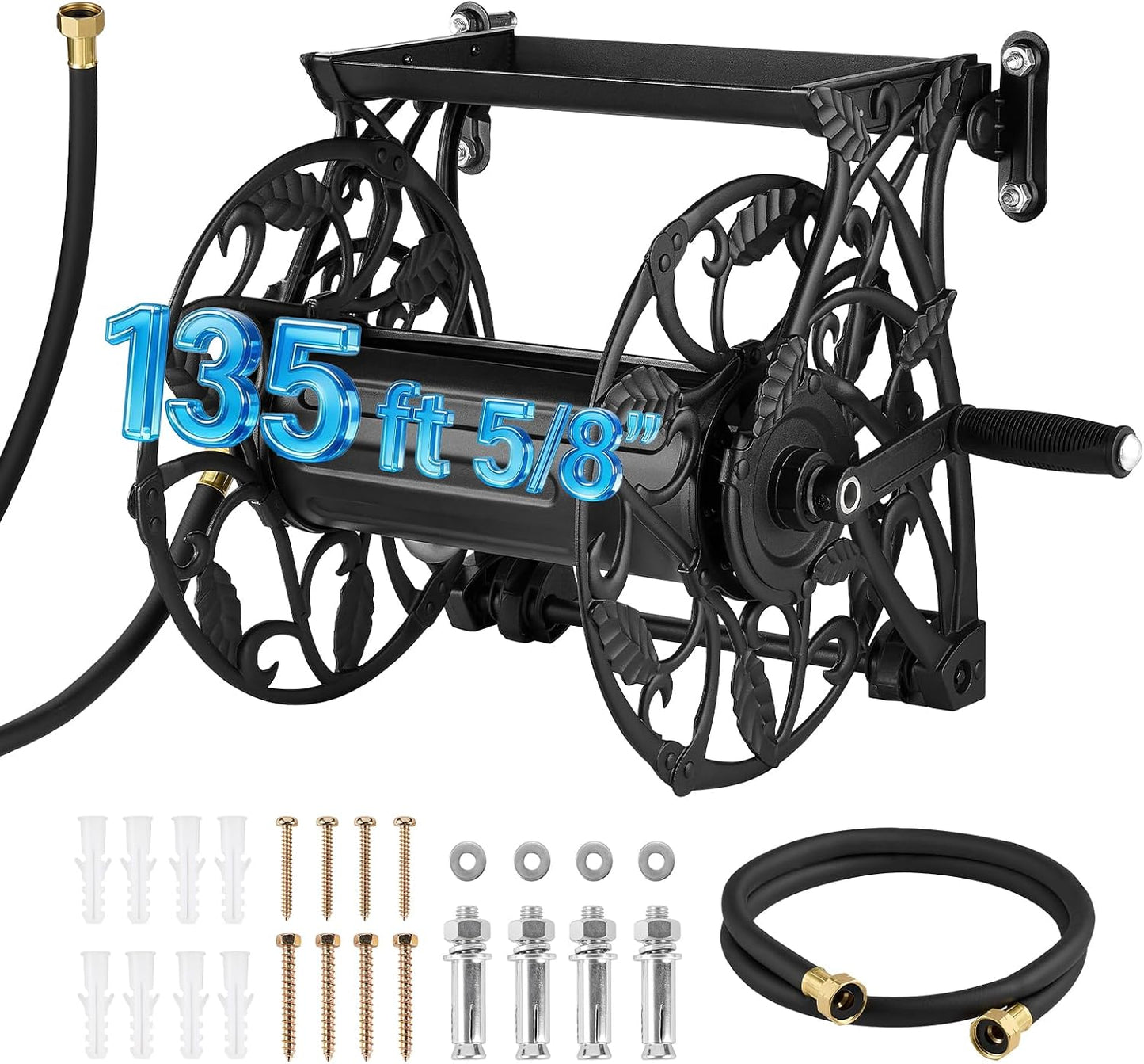 VEVOR Wall Mounted Garden Hose Reel, Holds 125 ft 5/8-inch Hose, Heavy-Duty Water Hose Winder, Space-Saving Design, Outdoor Manual Reel with Brass Fitting and Storage Basket for Yard Lawn