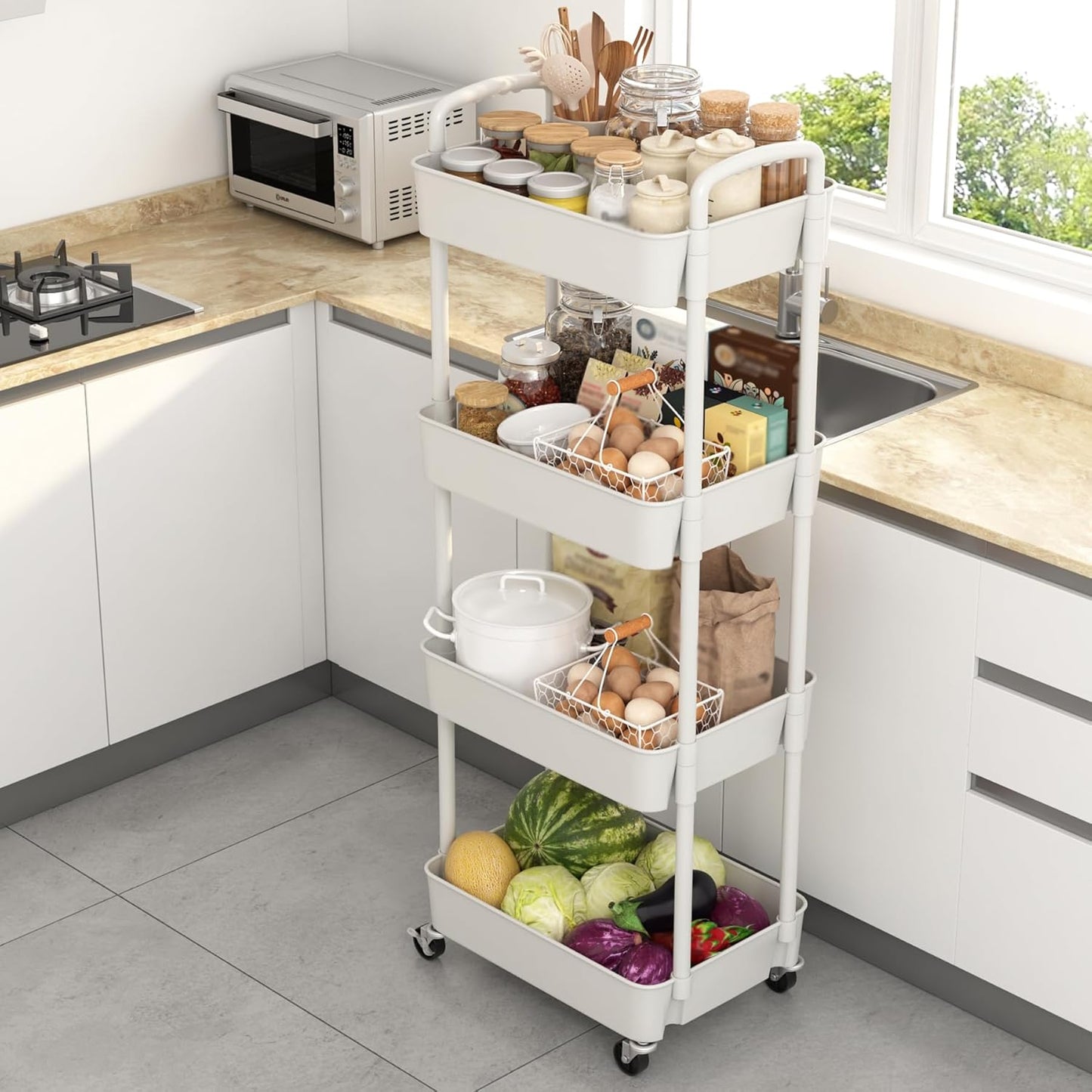 Sywhitta 4-Tier Plastic Rolling Utility Cart with Handle, Multi-Functional Storage Trolley for Office, Living Room, Kitchen, Movable Storage Organizer with Wheels, Black