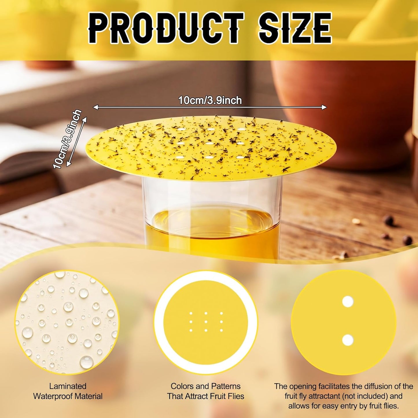 100 Pack Fruit Fly Trap Covers, Single-Sided Sticky Paper Lids, 8 Vent Holes for Vinegar/Wine Bait, Fits Cups & Jars for Indoor Kitchen & Pantry Gnat Control (Round,Yellow)