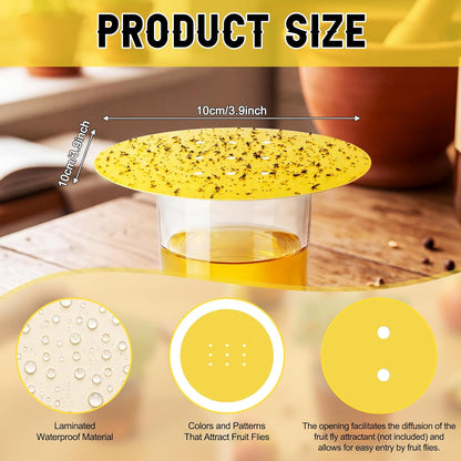 100 Pack Fruit Fly Trap Covers, Single-Sided Sticky Paper Lids, 8 Vent Holes for Vinegar/Wine Bait, Fits Cups & Jars for Indoor Kitchen & Pantry Gnat Control (Round,Yellow)