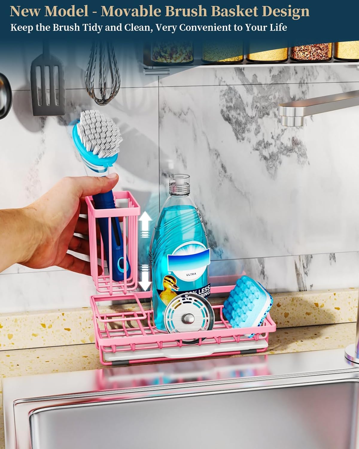 Consumest Sponge Holder for Kitchen Sink - Kitchen Sink Caddy Organizer with Removable Drip Tray for Countertop Dish Soap Dispenser Brush Storage Accessories 304 Stainless Steel - Black