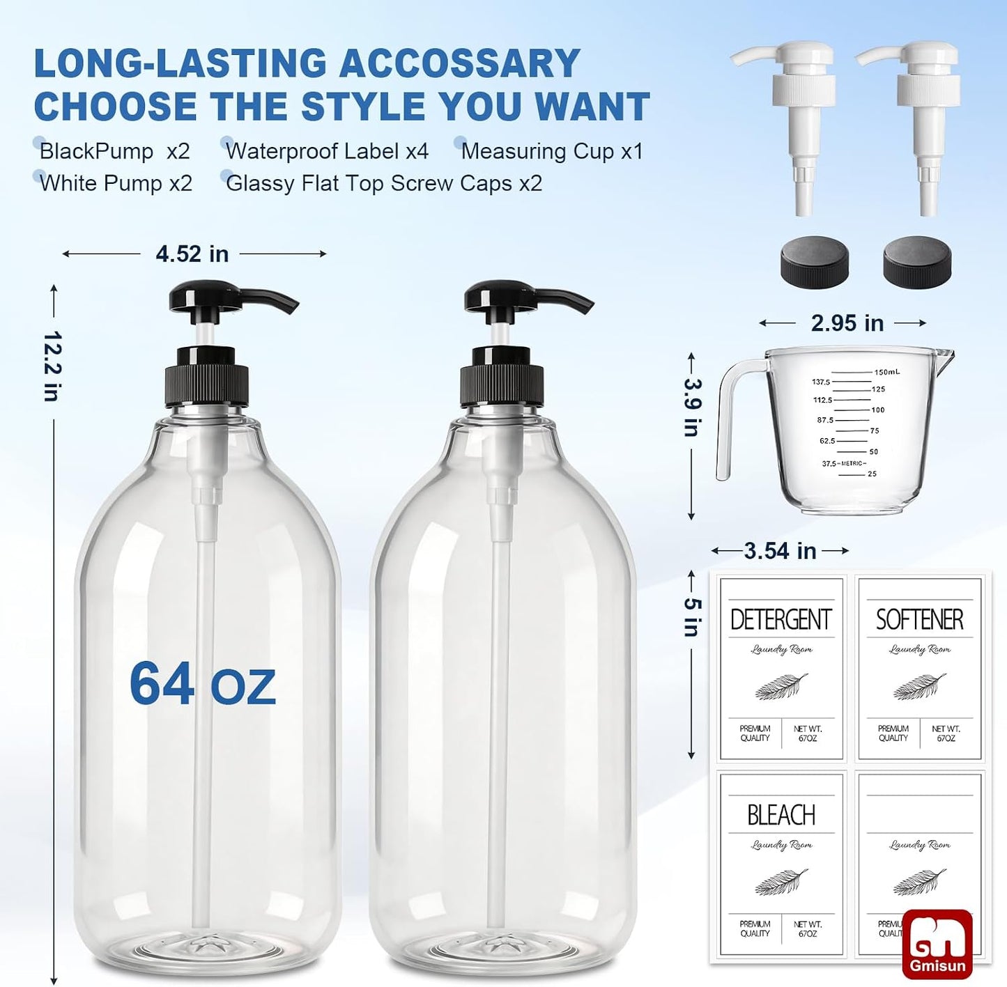 GMISUN Laundry Detergent Soap Dispenser, Liquid Laundry Detergent Dispenser, Container for Farmhouse Laundry Room Decor, Organizer for Liquid SoftenerBleach Heavy Duty Plastic Bottle(64 Oz 3 Pack)