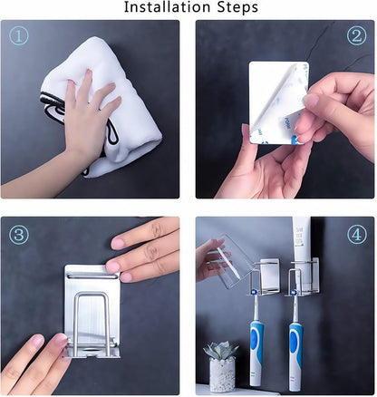 HANZE 2 Pack Toothbrush Holder 304 Stainless Steel Adhesive Wall Mounted 3 in 1 with Toothbrush Holder Toothpaste Holder and Cup Holder for Bathroom Shower