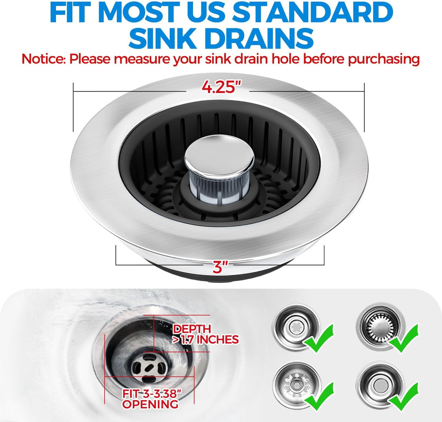 Sink Drain Strainer - Sink Stopper Kitchen Drain, 3 in 1 Kitchen Sink Drain Strainer with Anti-Clogging Basket, Kitchen Gadgets Clearance Sink Accessories, Fit US Standard 3-1/2'' Sink Hole, Silver