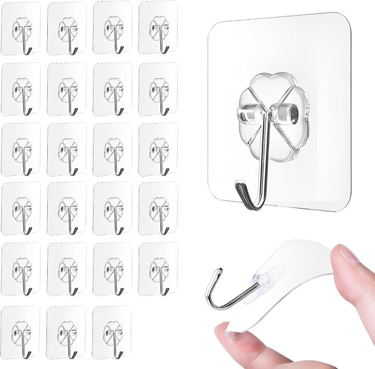 Adhesive Hooks for Hanging, Heavy-Duty Wall Hooks, Self-Adhesive Transparent Hooks, Waterproof Towel & Coat Hooks for Bathroom, Shower, Kitchen, Keys, Doors, Outdoor Use - 25 Pack