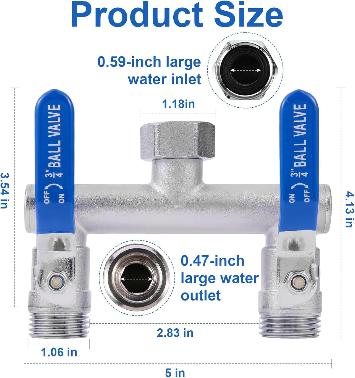 2 Way Garden Hose Splitter, 304 Stainless Steel T Valve, Full Flow with Long Handle, Lead-Free Rust & Freeze Resistant, 3/4" GHT Thread Outdoor Hose Adapter