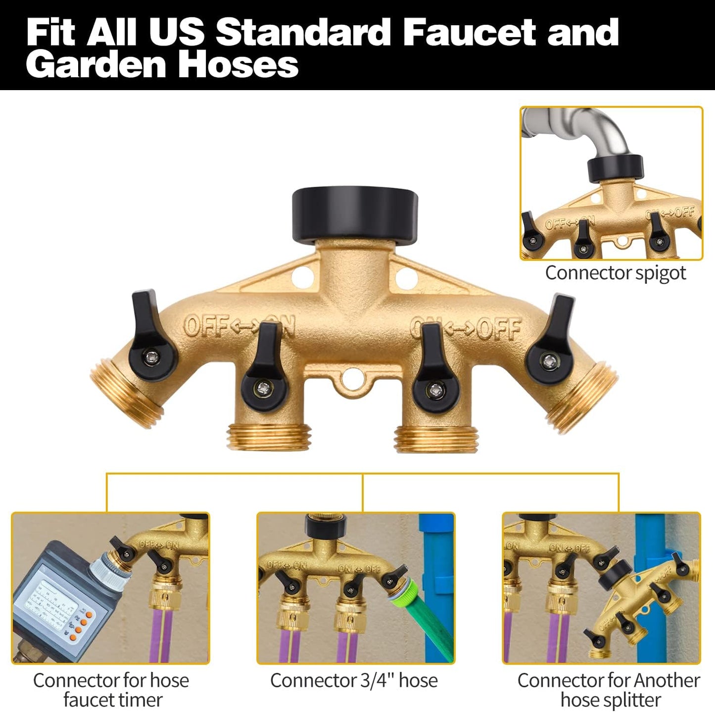 1/2/4 Pack 2 Way Hose Splitter, for 3/4" Hose Connector, with Rubber Washers & Tapes | for 3/4" Hose Connector